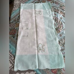 Vintage like new Elegant Mint light teal & white floral linen Tablecloth
